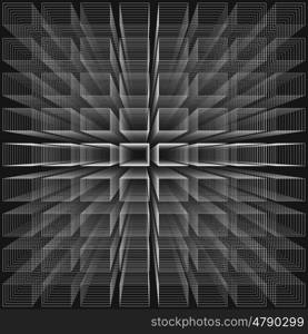 Black color abstract infinity background, 3d structure with white rectangles forming illusion of depth and perspective, vector illustration