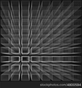 Black color abstract infinity background, 3d structure with white rectangles forming illusion of depth and perspective, vector illustration