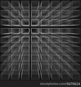 Black color abstract infinity background, 3d structure with white rectangles forming illusion of depth and perspective, vector illustration.. Black color abstract infinity background, 3d structure with white rectangles forming illusion of depth and perspective, vector illustration