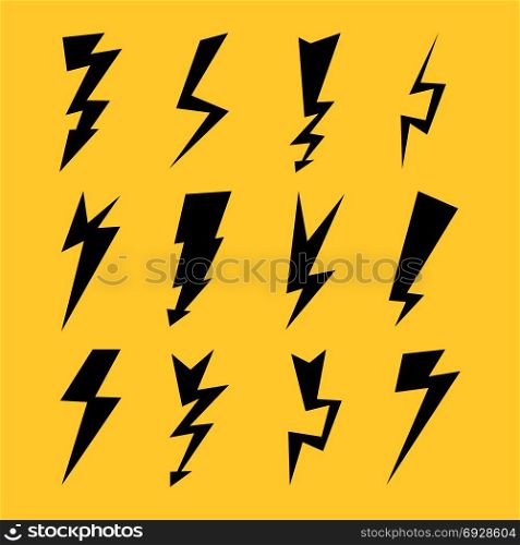 Black Color Lightnings Set Isolated On Yellow Background. Vector Illustration. Lightning Signs Vector Set. Lightning Bolt Icons. Thunder Bolt Symbols