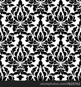 Black colored decorative foliate and floral arabesque seamless pattern in damask style motifs suitable for wallpaper, tiles and fabric design isolated on white background