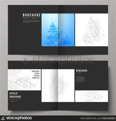 Black colored editable vector layout of two covers templates for square design bifold brochure, magazine, flyer. Polygonal background with triangles, connecting dots and lines. Connection structure.. Black colored editable vector layout of two covers templates for square design bifold brochure, magazine, flyer. Polygonal background with triangles, connecting dots and lines. Connection structure