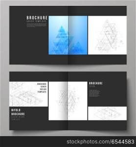 Black colored editable vector layout of two covers templates for square design bifold brochure, magazine, flyer. Polygonal background with triangles, connecting dots and lines. Connection structure.. Black colored editable vector layout of two covers templates for square design bifold brochure, magazine, flyer. Polygonal background with triangles, connecting dots and lines. Connection structure