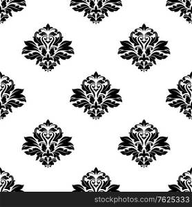 Black colored floral seamless pattern with intricate ornate flowers in damask style for wallpaper, tiles and fabric design in square format isolated over white background. Seamless floral pattern