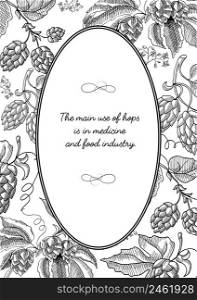 Black colored oval frame with hop composition with berries, blossom and other decorative squiggles and lettering that main use of hopes is in medicine and food industry and composition with hop branches hand drawn sketch vector illustration. Black Colored Oval Frame With Hop Composition Hand Drawn Sketch