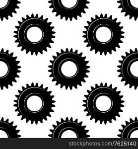 Black colored seamless pattern of toothed mechanical gears or cogwheels on white background in square format for industrial design