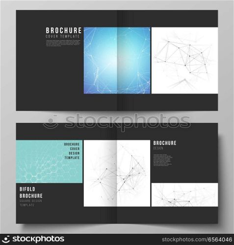 Black colored vector layout of two covers templates for square design bifold brochure, flyer. Technology, science, medical concept. Molecule structure, connecting lines and dots. Futuristic background.. Black colored vector layout of two covers templates for square design bifold brochure, flyer. Technology, science, medical concept. Molecule structure, connecting lines and dots. Futuristic background