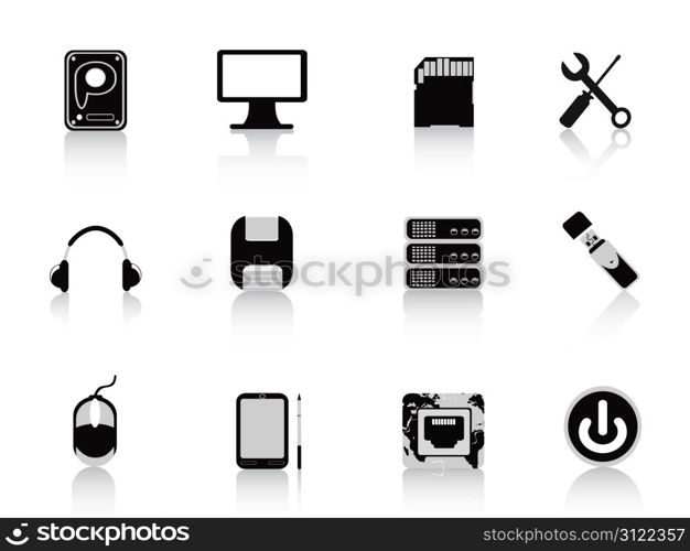 black computer equipment icon set for design