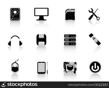 black computer equipment icon set for design