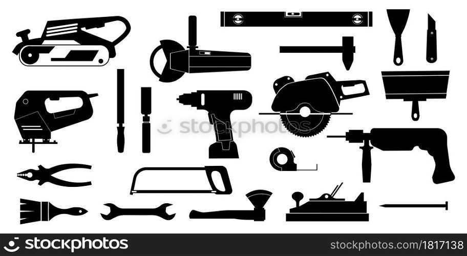 Black construction tools. Home repair and building instruments for workers and engineers. Isolated silhouette icons of workman hardware. Carpentry and electric engineering equipment. Vector signs set. Black construction tools. Home repair and building instruments for workers and engineers. Silhouette icons of workman hardware. Carpentry and engineering equipment. Vector signs set