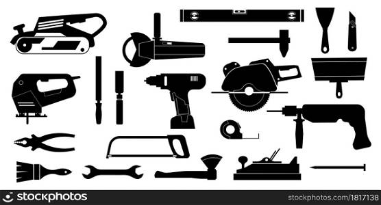 Black construction tools. Home repair and building instruments for workers and engineers. Isolated silhouette icons of workman hardware. Carpentry and electric engineering equipment. Vector signs set. Black construction tools. Home repair and building instruments for workers and engineers. Silhouette icons of workman hardware. Carpentry and engineering equipment. Vector signs set