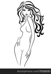Black contour of charming and slender woman with luxurious wavy hair on the white background, hand drawing vector illustration