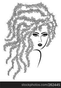 Black contour of charming woman with plant wavy hair on the white background, hand drawing vector
