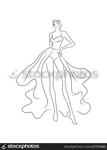 Black contour of elegant and slender woman in luxury dress isolated on white background, hand drawing vector outline