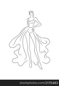 Black contour of elegant and slender woman in luxury dress isolated on white background, hand drawing vector outline