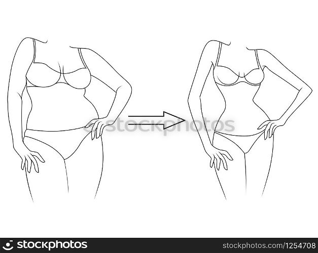 Black contour of female body on the way to lose weight in underwear, isolated on white background