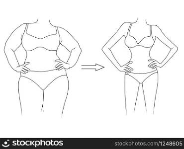Black contour of lady on the way to lose weight in underwear, isolated on white background
