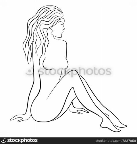 Black contour of sitting beautiful woman with flowing hair, hand drawing vector illustration