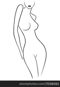 Black contour of slender body of soft woman on the white background, hand drawing vector illustration