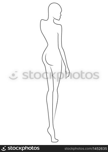 Black contour of the body of elegant lady, isolated on the white background, hand drawing outline
