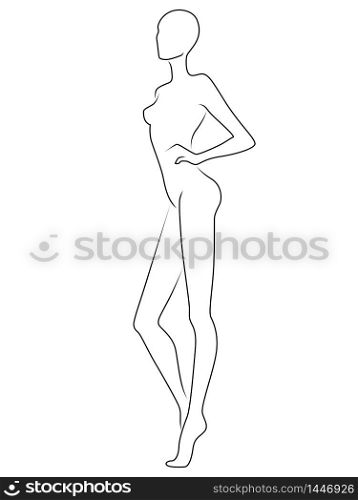 Black contour of the body of elegant woman, isolated on the white background, hand drawing outline