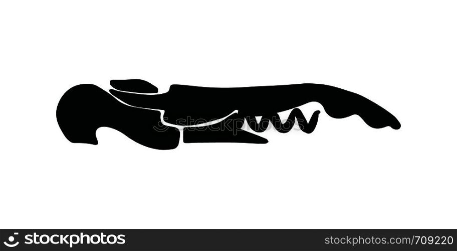Black corkscrew illustration on white background. Wine cork screw, bottle opener equipment. Design element isolated on white background. Vector illustration.. Corkscrew black silhouette on white background