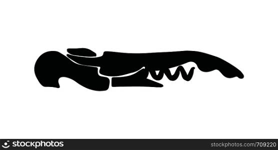 Black corkscrew illustration on white background. Wine cork screw, bottle opener equipment. Design element isolated on white background. Vector illustration.. Corkscrew black silhouette on white background