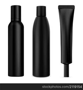 Black cosmetic bottle blank. Cosmetic product package set of shampoo, lotion, spray jar design. Luxury men cosmetics, elegant tube collection, realistic vector illustration. Black cosmetic bottle blank. Cosmetic product package