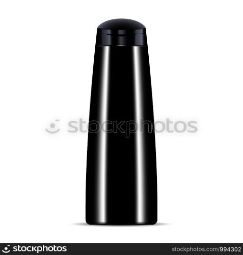 Black cosmetic bottle for shampoo, shower gel. Luxury cosmetics product with label and sample logo. Vector mockup illustration.. Black cosmetic bottle for shampoo, shower gel.