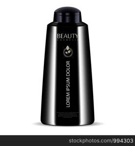 Black cosmetic bottle for shower gel, lotion, conditioner. Luxury product. Vector mockup of body cosmetics packaging. Sample logo and label in it.. Black cosmetic bottle for shower gel, lotion