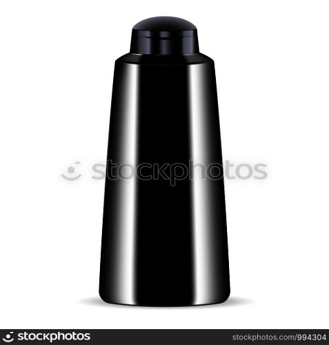 Black cosmetic bottle for shower gel, lotion, conditioner. Luxury product. Vector mockup of body cosmetics packaging. Sample logo and label in it.. Black cosmetic bottle for shower gel, lotion