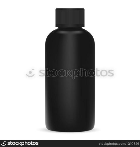 Black cosmetic bottle. Plastic shampoo package blank. Empty bath shower package mockup. Medical product container design. Black cosmetic bottle. Plastic shampoo package