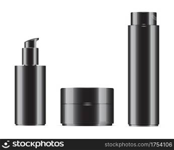 Black cosmetic bottle set. Cream jar, pump bottle, shampoo bottle. Realistic packaging for luxury beauty care product, soap dispenser, shower lotion or milk container collection, 3d template. Black cosmetic bottle set. Cream jar, pump bottle