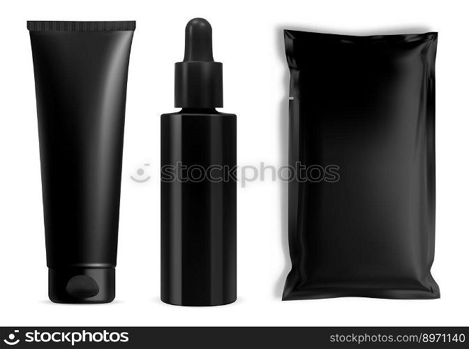 Black cosmetic bottle vector mockup. Beauty package of serum dropper template, face mask packaging and cream tube for label and logo design. Foil sachet blank realistic illustration. Black cosmetic bottle vector mockup. Beauty package