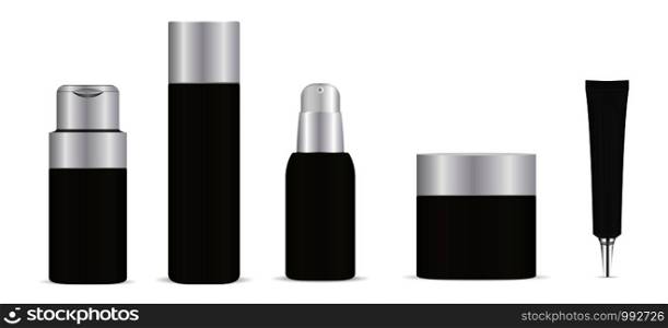 Black cosmetic bottles set. Cream jar, shampoo container, foam dispenser, base tube. Vector mock up illustration. EPS10. Cosmetic bottle set. Cream jar, shampoo container