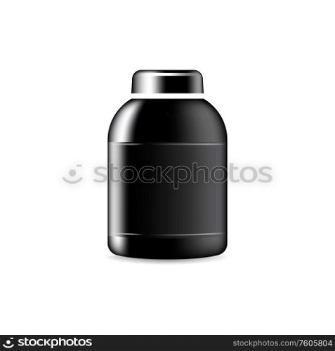Black cosmetic container isolated plastic bottle mockup. Vector template of scrub or shampoo package. Body cream, lotion in black bottle isolated mockup