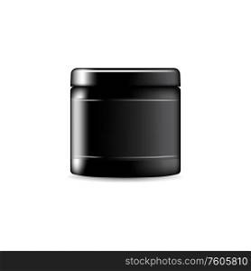Black cosmetic container isolated plastic jar with face cream. Vector scrub, bath salt template. Body cream black blank container isolated mockup