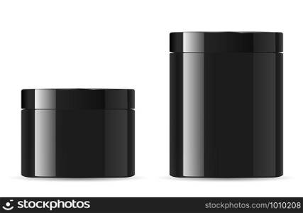 Black cosmetic cream jar mockup. Glossy Packaging. Modern plastic bottle with glioss for face lotion, powder. 3d glass blank. Beauty wax clean premium box for advertising. Charcoal mask mock up. Black cosmetic cream jar mockup. Glossy Packaging