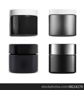 Black cosmetic cream jar set. Face care beauty container vector mockup. Round packaging blank skin scrub or butter with white cap. Realistic blush powder or creme package blank. Black cosmetic cream jar set. Face care beauty container