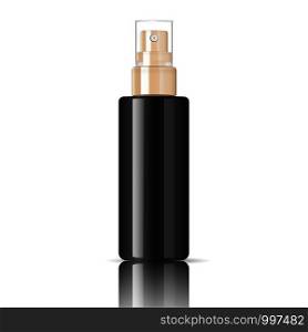Black cosmetic glossy plastic or glass bottle with dispenser spray pump. Sprayer Liquid container for gel, lotion, cream, serum, base. Beauty cosmetics product package. Vector illustration.. Black cosmetic glossy plastic, glass bottle spray