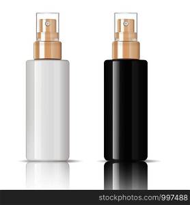Black cosmetic glossy plastic or glass bottle with dispenser spray pump. Sprayer Liquid container for gel, lotion, cream, serum, base. Beauty cosmetics product package. Vector illustration.. Black cosmetic glossy plastic or glass bottle