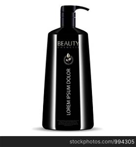 Black cosmetic pump dispenser bottle for shower gel, liquid soap, conditioner. Luxury product design package. Vector cosmetics mockup illustration.. Black cosmetic pump dispenser bottle