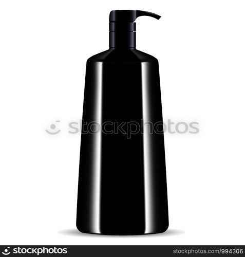 Black cosmetic pump dispenser bottle for shower gel, liquid soap, conditioner. Luxury product design package. Vector cosmetics mockup illustration.. Black cosmetic pump dispenser bottle