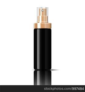 Black cosmetics bottle can sprayer container in realistic glossy glass or plastic material. Atomizer dispenser spray mockup template for cream, emulsion, and other cosmetics or medical products. Vector illustration.. Black cosmetics bottle can sprayer container