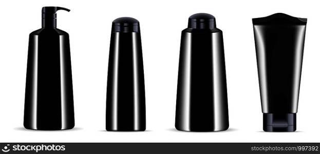 Black cosmetics bottle jar set whith black top caps. Realistic 3d mock-up of cosmetics package. Vector illustration of dispenser and dropper, cream jar, shampoo, lotion, soap, toothpaste, ointment.. Black cosmetics bottle jar set whith black caps.