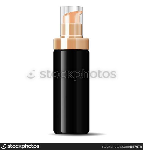Black cosmetics cream dispenser pump bottle container in realistic glossy glass or plastic material. Mockup template for cream, emulsion, and other cosmetics or medical products. Vector illustration.. Black cosmetics cream dispenser pump bottle