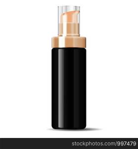 Black cosmetics cream dispenser pump bottle container in realistic glossy glass or plastic material. Mockup template for cream, emulsion, and other cosmetics or medical products. Vector illustration.. Black cosmetics cream dispenser pump bottle