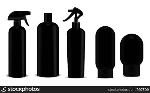 Black cosmetics sprayer and shampoo, gel, soap bottles mockup set black pump dispenser and lid. High quality containers. Realistic vector illustration package.. Black cosmetics sprayer and shampoo, gel bottle