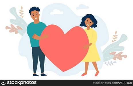 Black couple holding a heart. Happy man and woman of ethnicity holding a large red heart on the background of the decor. Vector illustration for love, relationship, family concept, love and romance