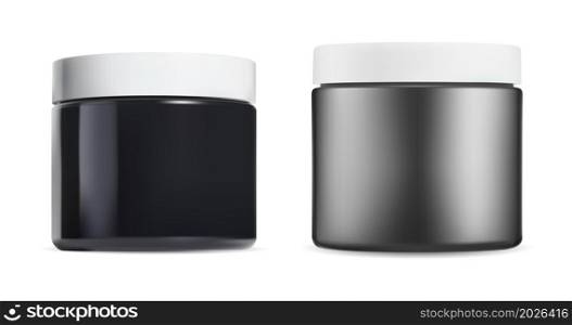 Black cream jar, gloss cosmetic container mockup. Glass cream jar, beauty product packaging modern design. Face scrub canister template with white cap, round and shiny mock up. Black cream jar, gloss cosmetic container mockup
